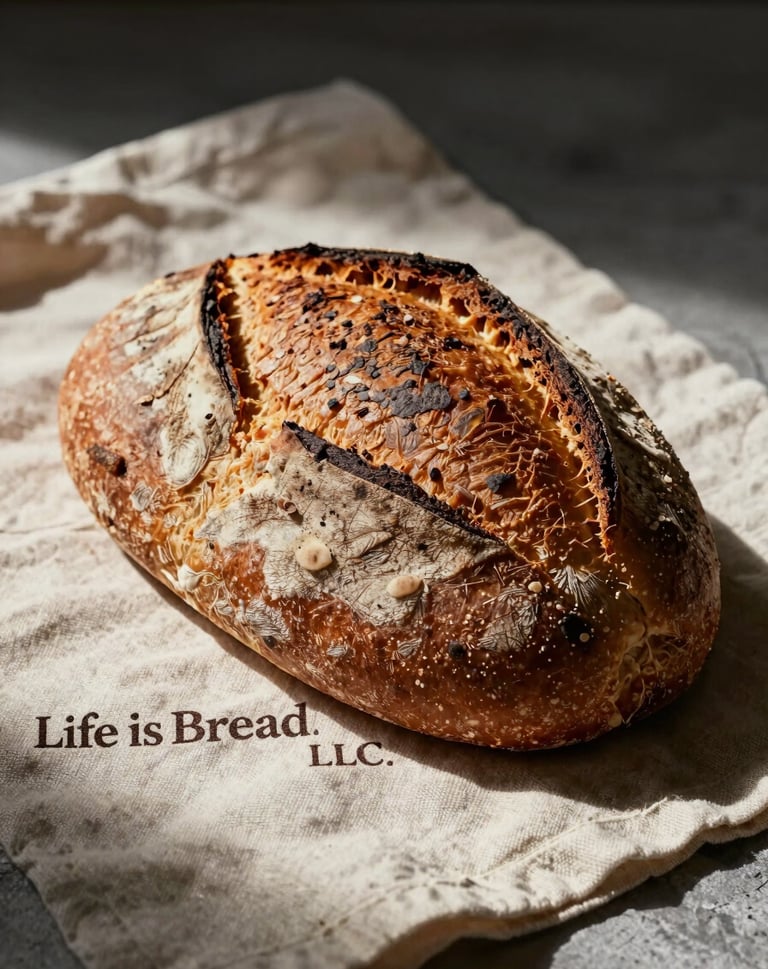 Macro photography of a fresh bread loaf on an ivory linen cloth, dramatic cinematic lighting with deep shadows, symbolic of Life Is Bread LLC, professional studio setup.