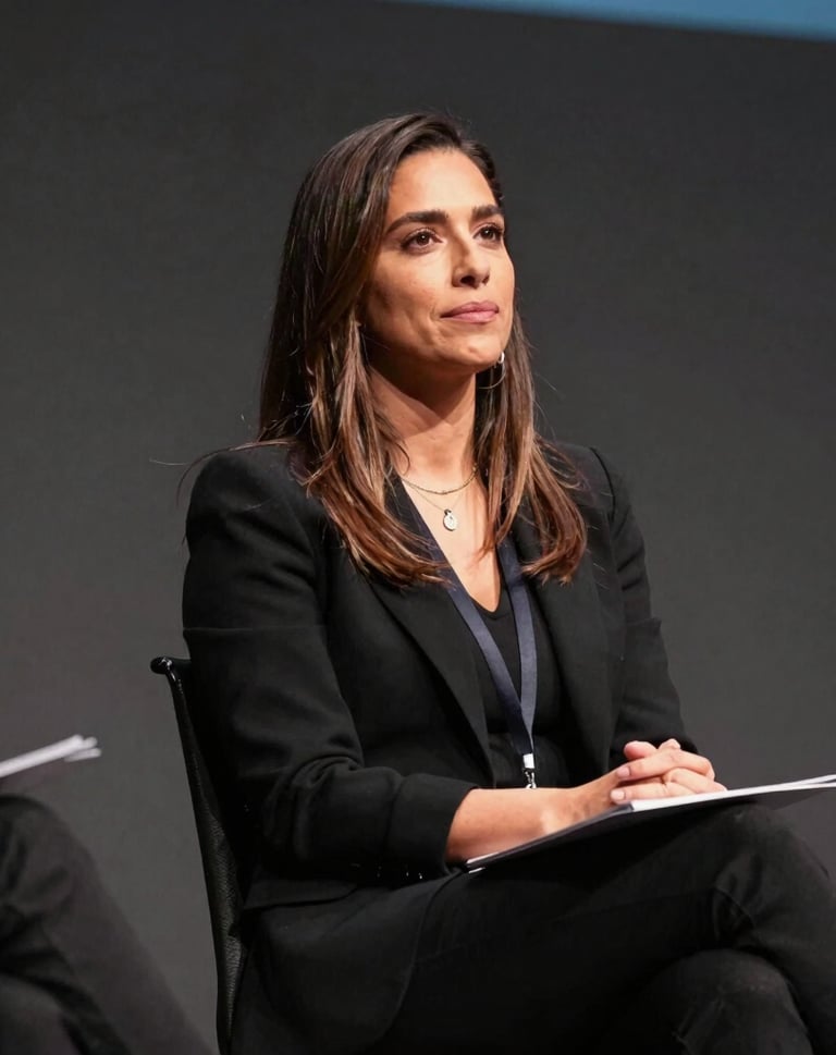 A powerful perspective shot of a professional Mexican woman leading a cybersecurity panel at a digital rights summit, looking confident under warm theater lighting, set against a simple and minimalist dark grey backdrop.