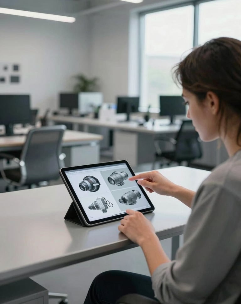 A creative professional in a North American / US design studio reviewing 3D models on a high-resolution tablet. The studio has a clean aesthetic with cool silver grey furniture and large windows.