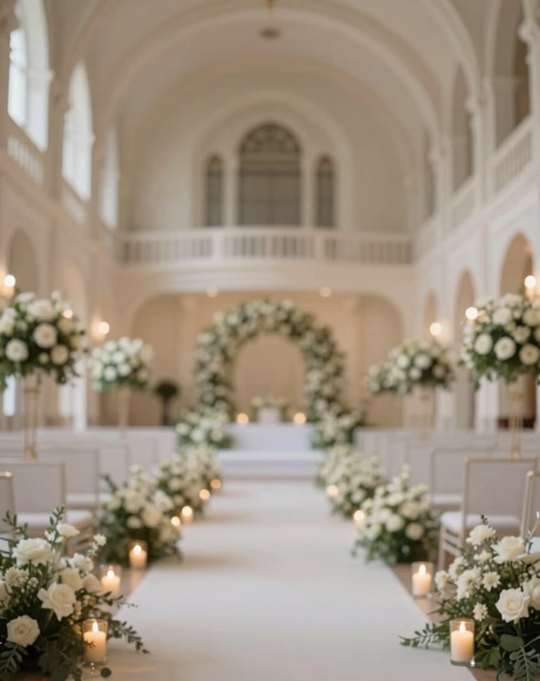 A wide artistic shot of an elegant wedding venue hall, emphasizing the architectural symmetry and sophisticated lighting, with subtle hints of #B8ADAD floral arrangements and warm candlelight.