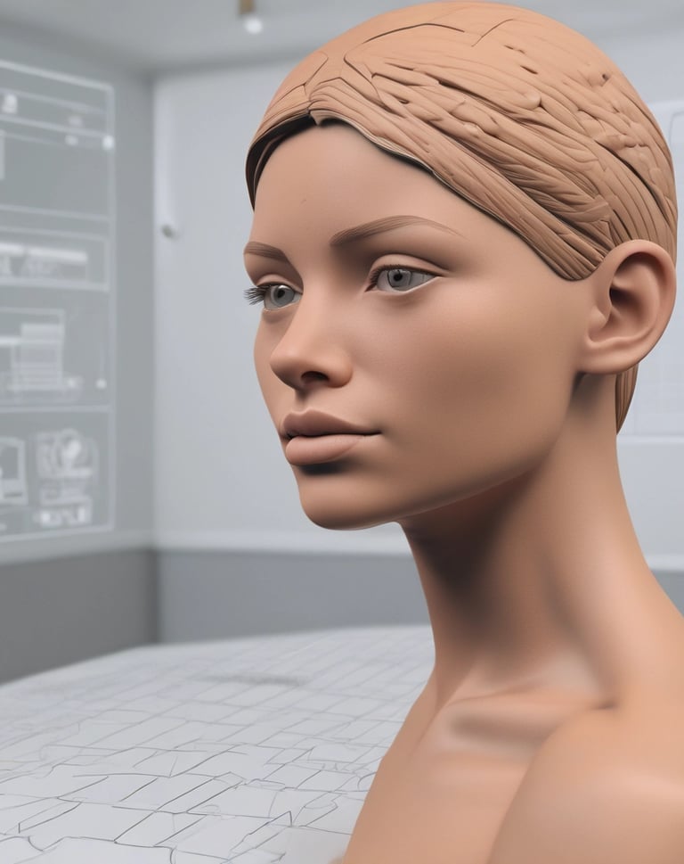 A sleek 3D scanner device capturing the contours of a sculpture in a bright studio.
