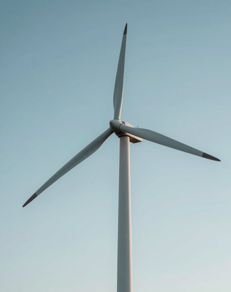A low-angle shot of a wind turbine blade against a clear sky, representing energy transition and sustainable progress. The composition is minimalistic and authoritative, using #F5F8FA and #4A6D7C in the lighting and atmosphere.