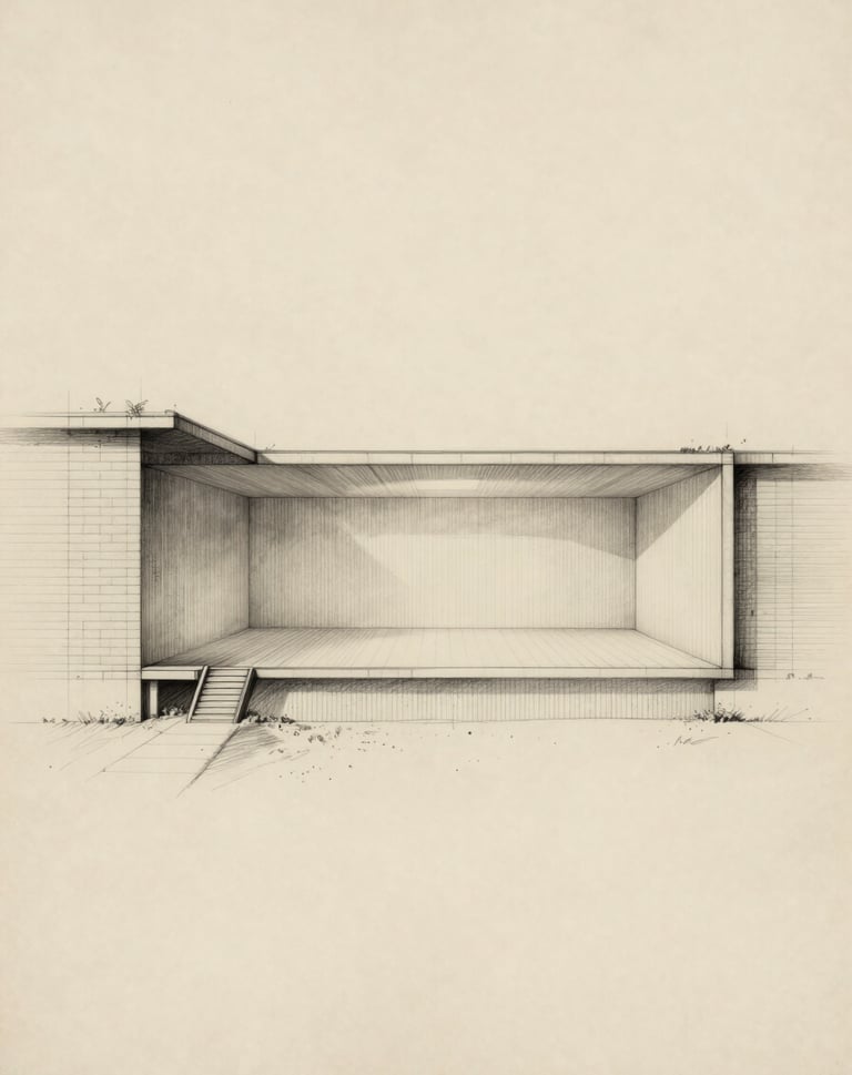 Conceptual architectural section drawing. Fine Charcoal lines on a Soft Sand colored parchment background, showing the relationship between underground memory and surface light.