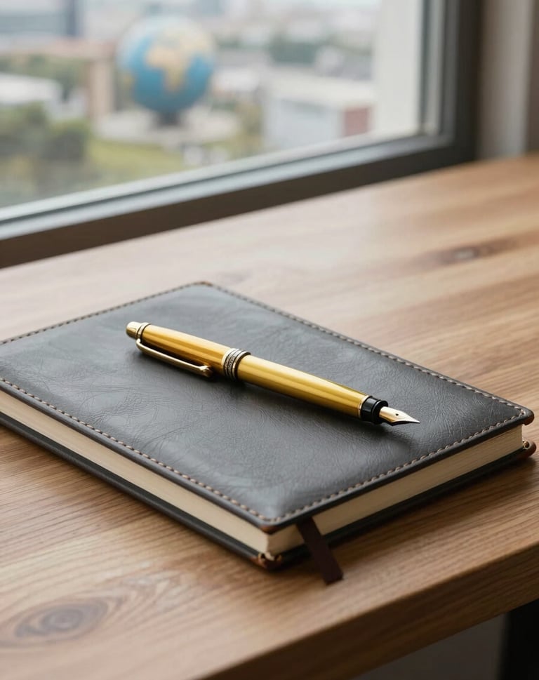 A minimalist workspace featuring a wooden desk with a Muted Antique Gold fountain pen and a leather-bound sketchbook. A window looks out onto a serene International / Global Art Scene landscape. Sharp focus, clean composition.