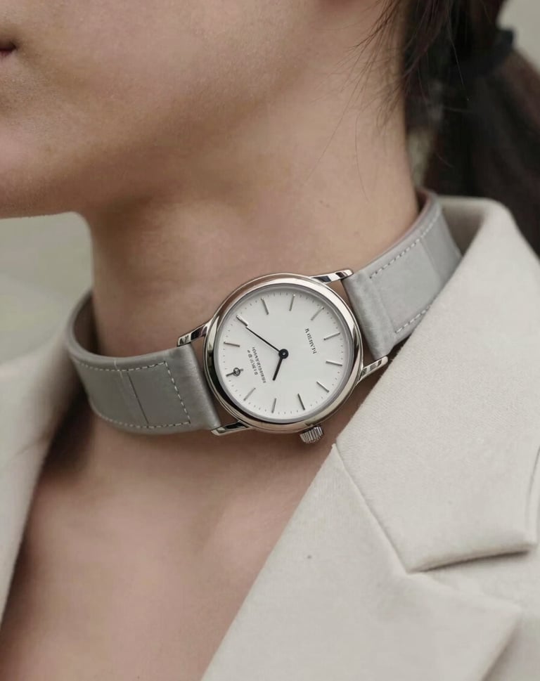 Detailed close-up of high-fashion accessories on the model, such as a luxury watch or a metallic collar detail. Soft off-white and silver grey palette with extreme sharpness and cinematic depth of field.