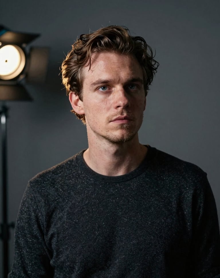 A gritty and intimate portrait of a musician backstage, soft side-lighting from a single lamp, pensive expression, minimalist dark grey background, professional artistic photography, Western European / Dutch subject.