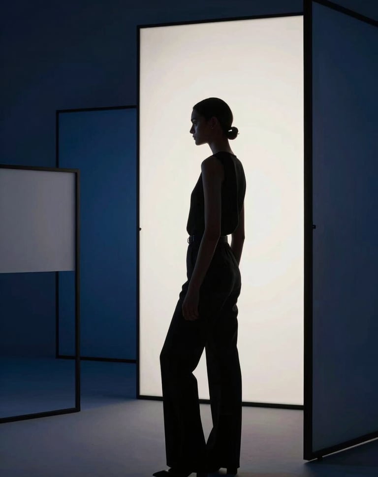 Professional photography of a fashion set where a model is silhouetted against abstract geometric screens. The lighting is cinematic and immersive, using deep midnight blue and off-white highlights. High-end production design for a luxury brand, Western European style.