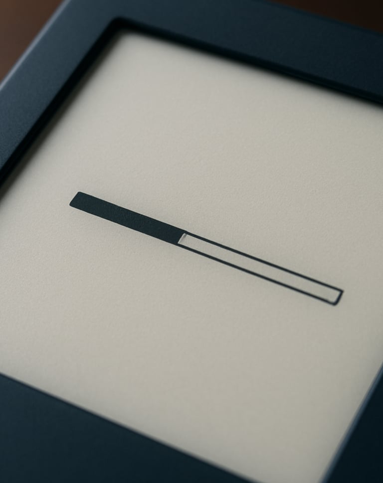 Macro shot of a high-resolution e-reader display showing a progress bar and minimalist interface, dark navy frame, light grey screen light, sharp focus on digital text in Portuguese.