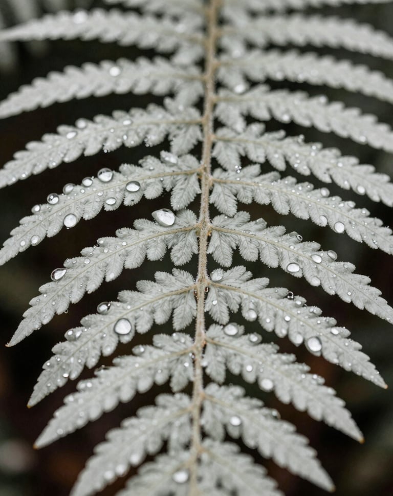 A detailed close-up of a fern leaf with dew drops, reflecting a clean and modern forest aesthetic. The colors are light sage and off-white. Professional North American nature photography.