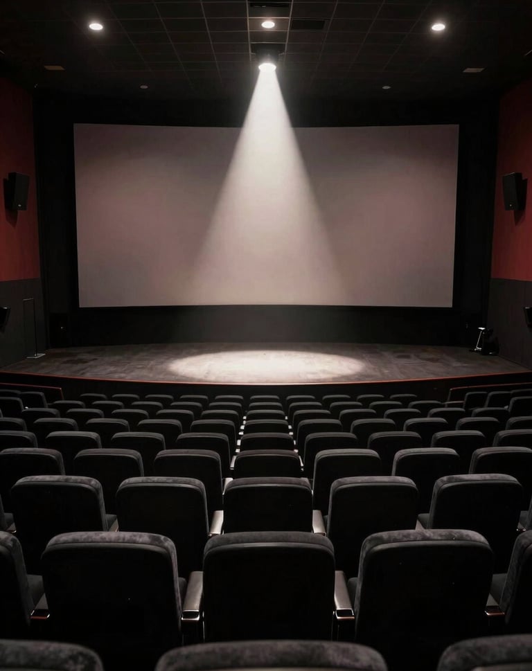 A polished, dramatic interior of a North American / US cinema hall, empty seats in rich black, a single off-white spotlight hitting the center stage.