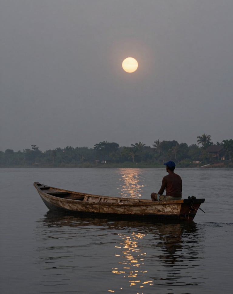 Cinematic documentary still: a fisherman in a wooden boat on an Angolana river at dawn, misty dark grey morning light, subtle gold reflections on the water.