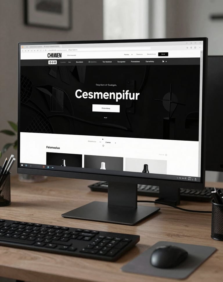A sleek, professional workspace in a North American / US apartment featuring a large monitor that displays a high-impact web design project with a solid black and white theme.