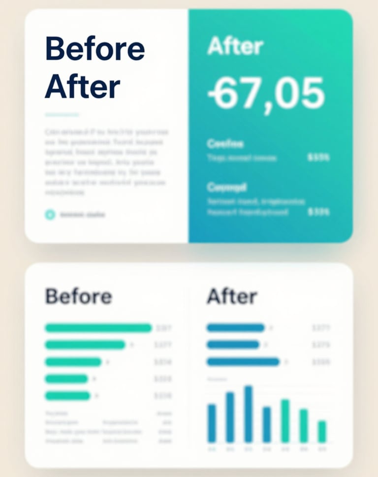 A sophisticated split-screen layout showing a 'before and after' of a corporate presentation redesign, featuring clean typography and impactful Teal Blue data visualizations on a Soft Sand background.