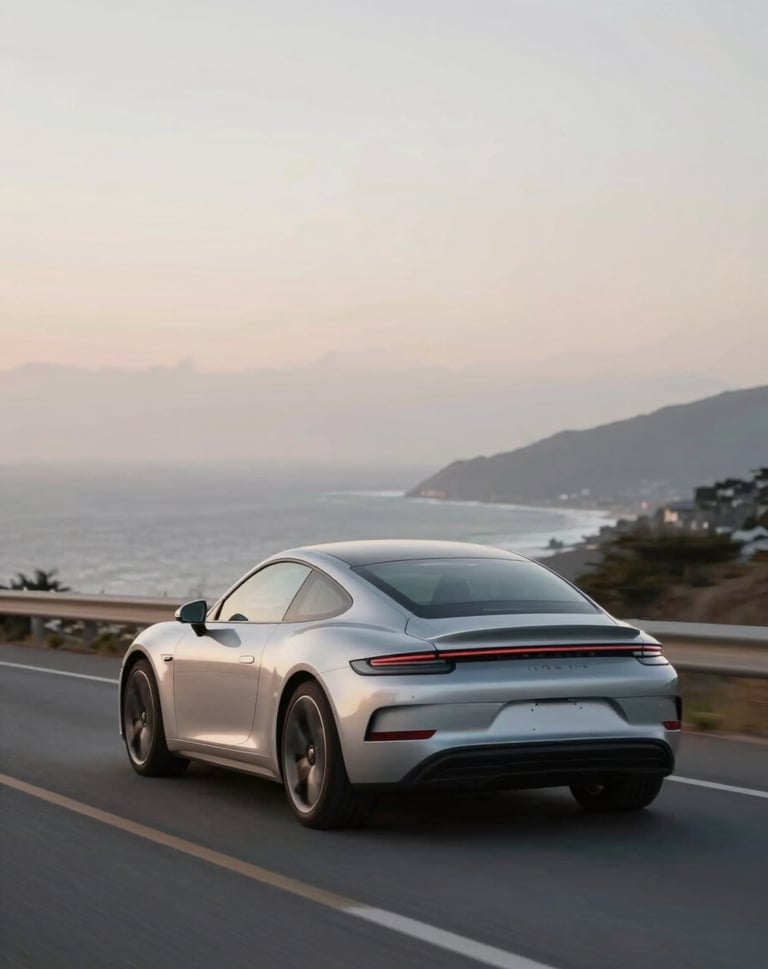 The Silver Gullwing car driving away on a coastal road at dawn. Soft #F8F8F8 light hitting the roof. Artful composition, blurred background, meticulous visual storytelling.