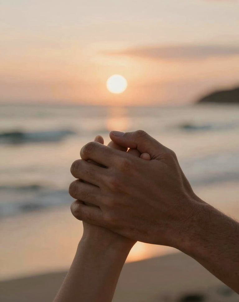 A close-up shot of a couple's hands entwined, set against a soft, out-of-focus Bali sunset beach background. The tones are warm and nostalgic, highlighting the intimate details and skin textures with a soft film-like grain.