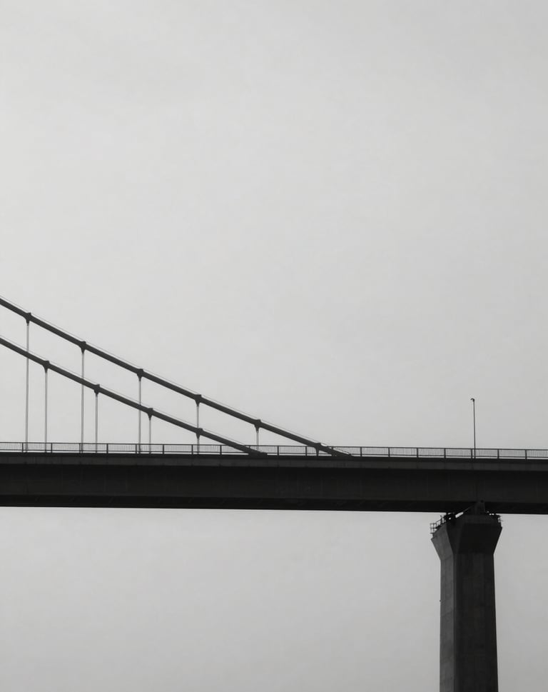 Silhouette of a minimalist bridge structure crossing the frame. Monochromatic palette using #0A0A0C and #F5F7FA, stark and contemporary composition.