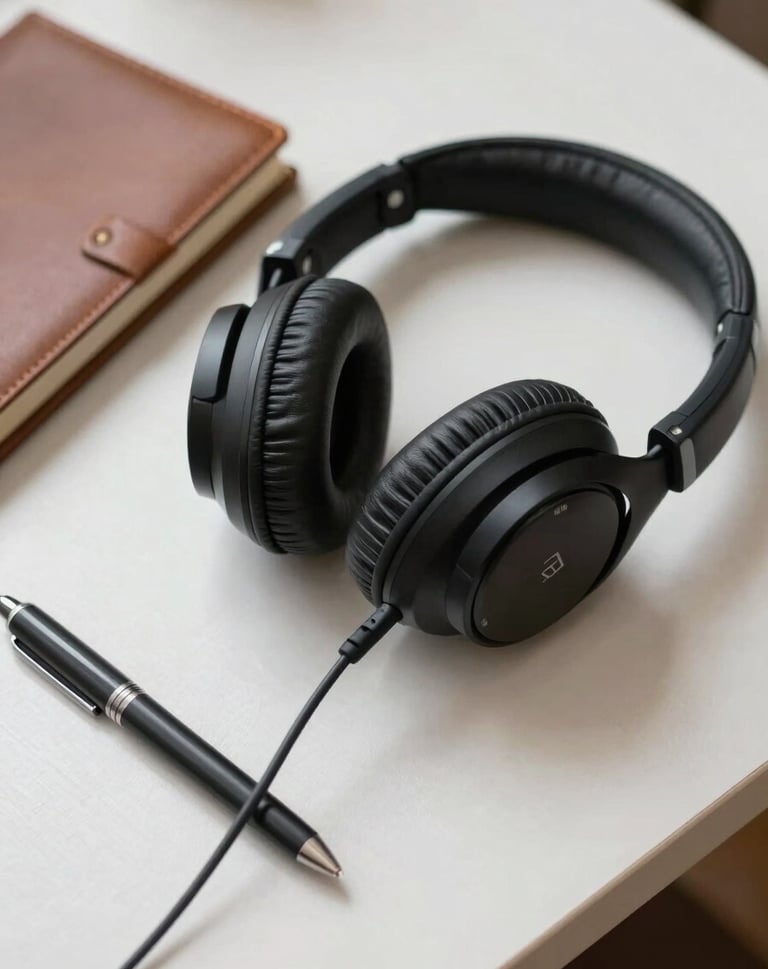 A pair of professional studio headphones resting on an off-white wooden desk next to a leather-bound notebook and a charcoal-colored pen, soft natural morning light.