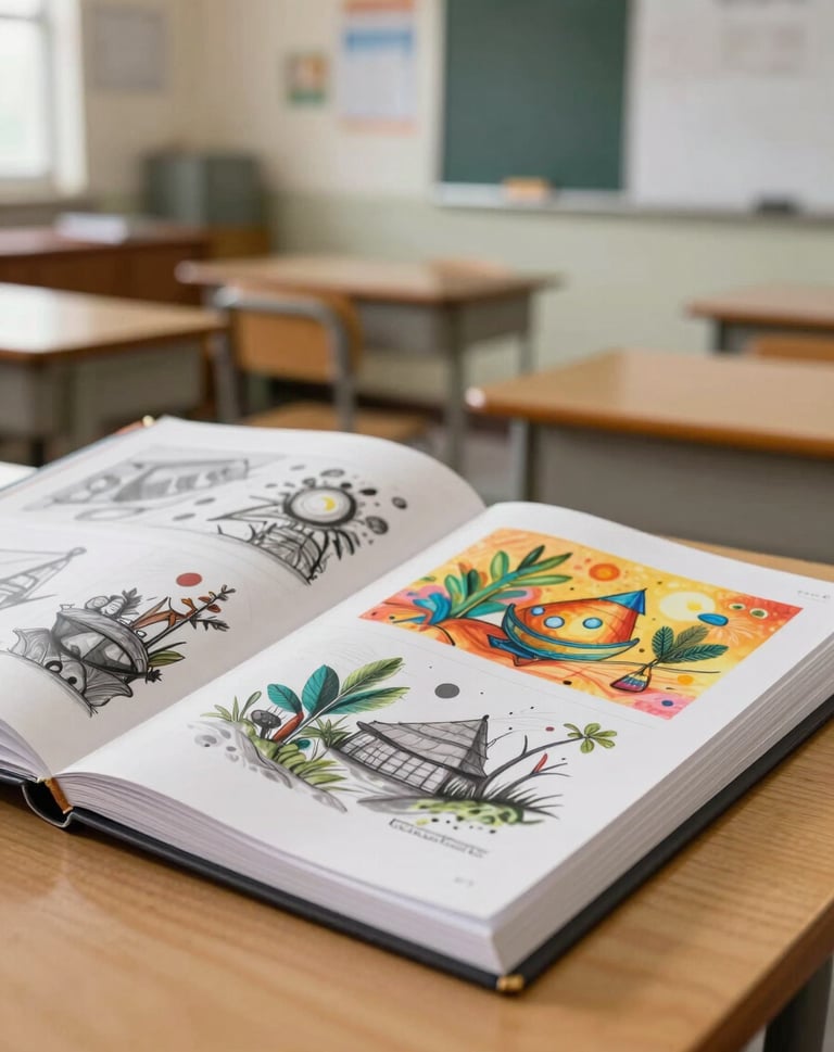 A high-quality photograph of a professional art portfolio binder open on a wooden desk, showcasing vibrant student sketches and finished pieces. The background is a soft-focus North American / US classroom with warm, inviting lighting and a clean, organized aesthetic.