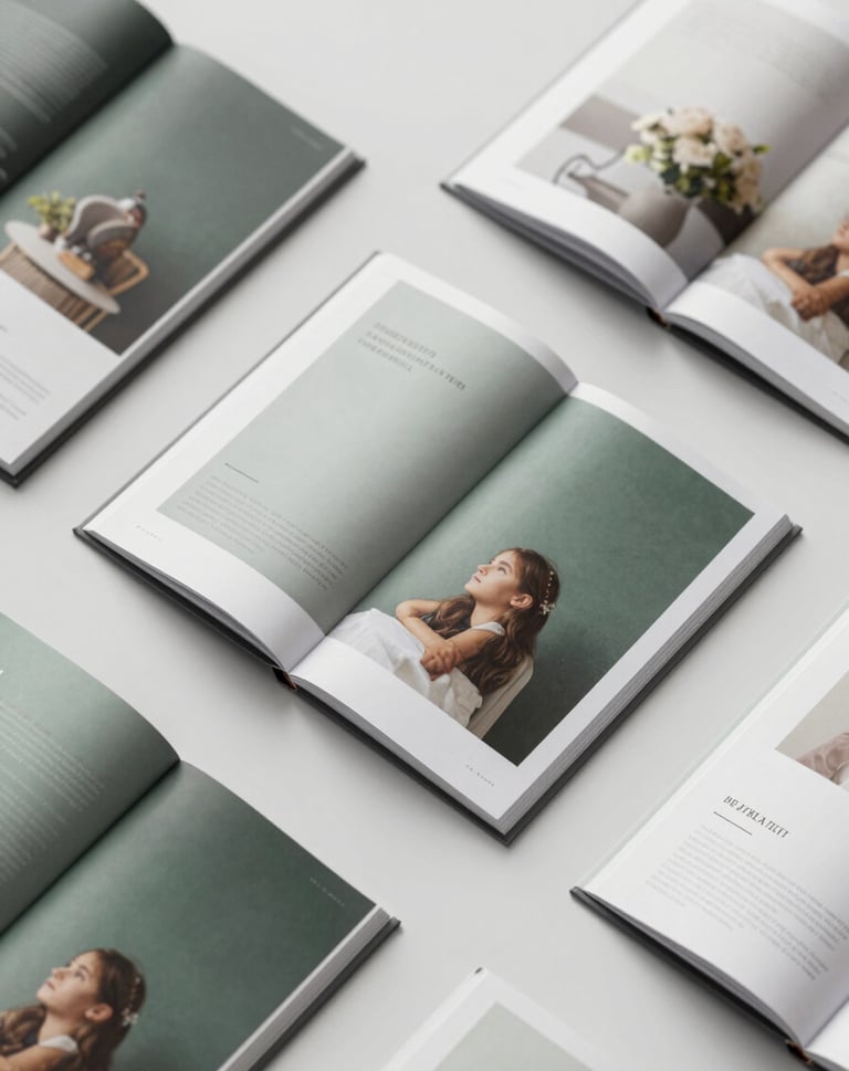 Top-down view of several open art catalogues showing high-quality photographic printing and elegant layout design. Soft morning light, sophisticated and clean. Palette: #293B37, #5B7B71, and #F1F4F2.