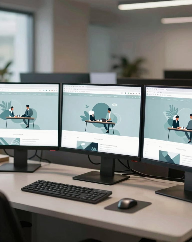 A wide-angle view of a digital workstation with three monitors displaying a cohesive, responsive web design. The mood is calm and productive, with a color palette of #F0F4F4 and #3F5E5C dominating the screens.