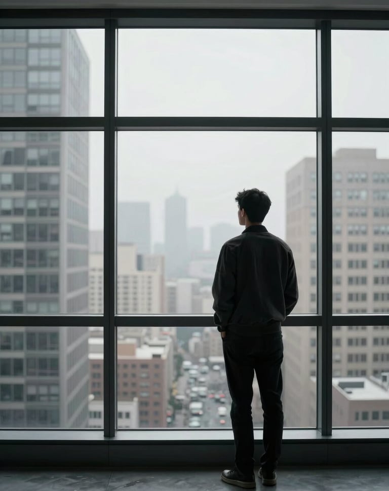 A poetic photograph of a lone figure standing by a large window in a high-rise North American / US apartment, looking out at the city. The palette is restricted to charcoal black, silver grey, and pale mist light.