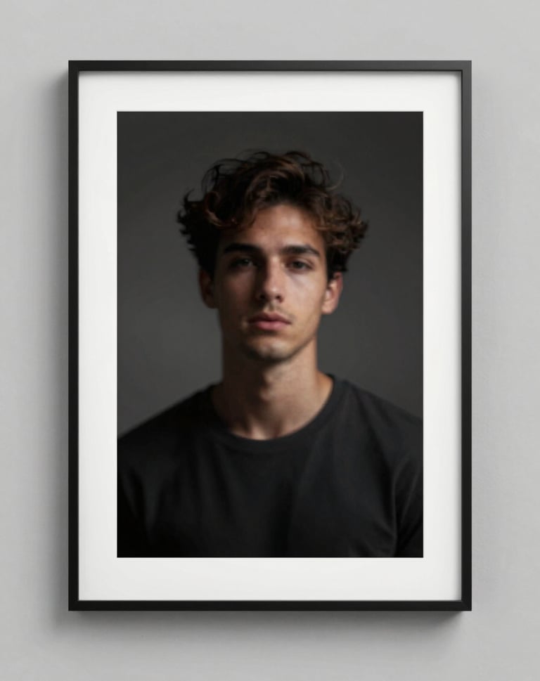 An artistic realization showing a framed fine art print on a gallery wall, dramatic lighting, featuring a lifestyle portrait with deep shadows, colors #1F1E1C and #8F8C8A.