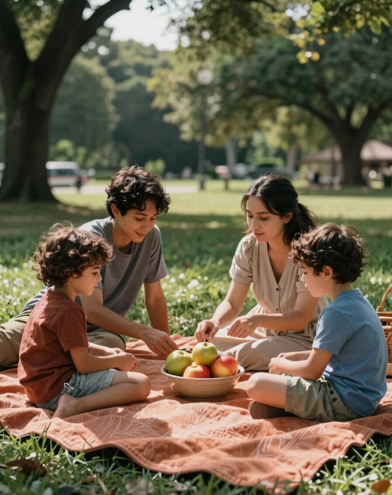 A detailed, cinematic shot of a family picnic on a terracotta colored blanket in a North American / US park. Focus on a shared bowl of fruit with soft blue light filtering through the trees.