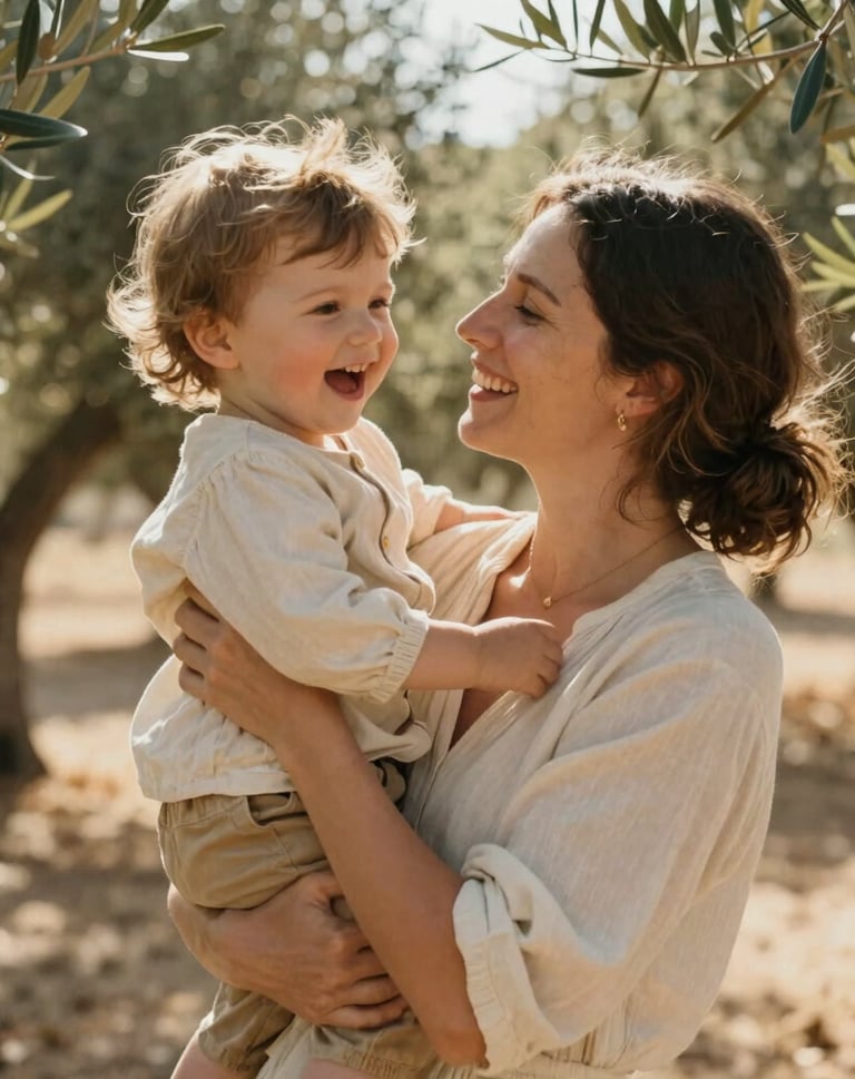 Warm lifestyle portrait of a mother holding her toddler, filled with laughter, under the dappled light of olive trees. Nostalgic and cinematic style, soft cream and golden highlights, Spain / Southern Europe.