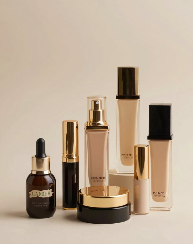 Minimalist photography of a collection of premium cosmetic products, organized aesthetically. Elegant gold accents in the composition for a luxurious look.