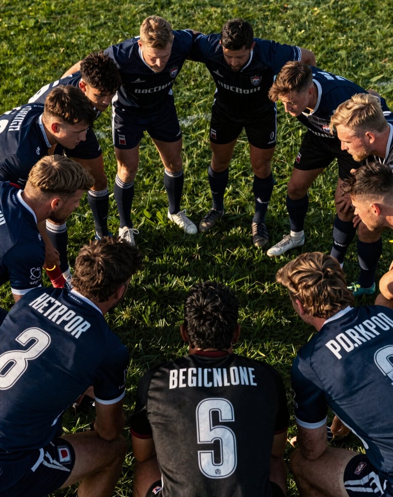 A cinematic overhead view of a team huddle on a green field. Sharp focus on the textures of jerseys in dark blue and black, dramatic low-angle evening sun, professional sports storytelling, Western / International.