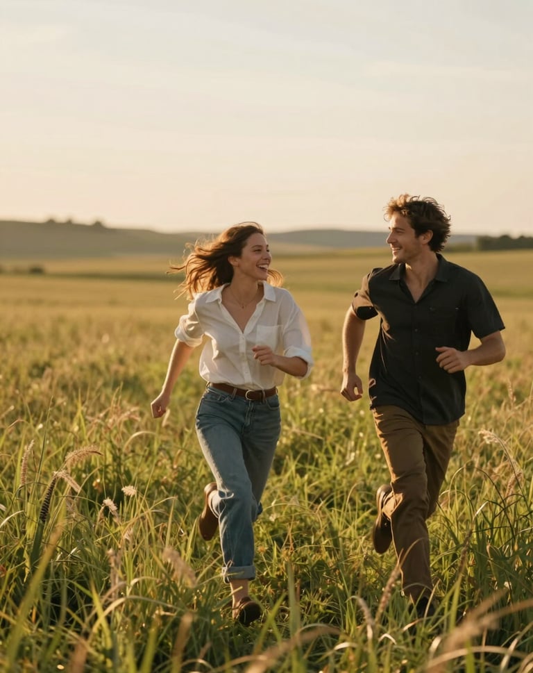 A candid, cinematic shot of a young couple running through a tall grass field during the golden hour in a North American rural landscape. The lighting is warm and sun-drenched, capturing the movement and joy in their faces with a soft-focus background.