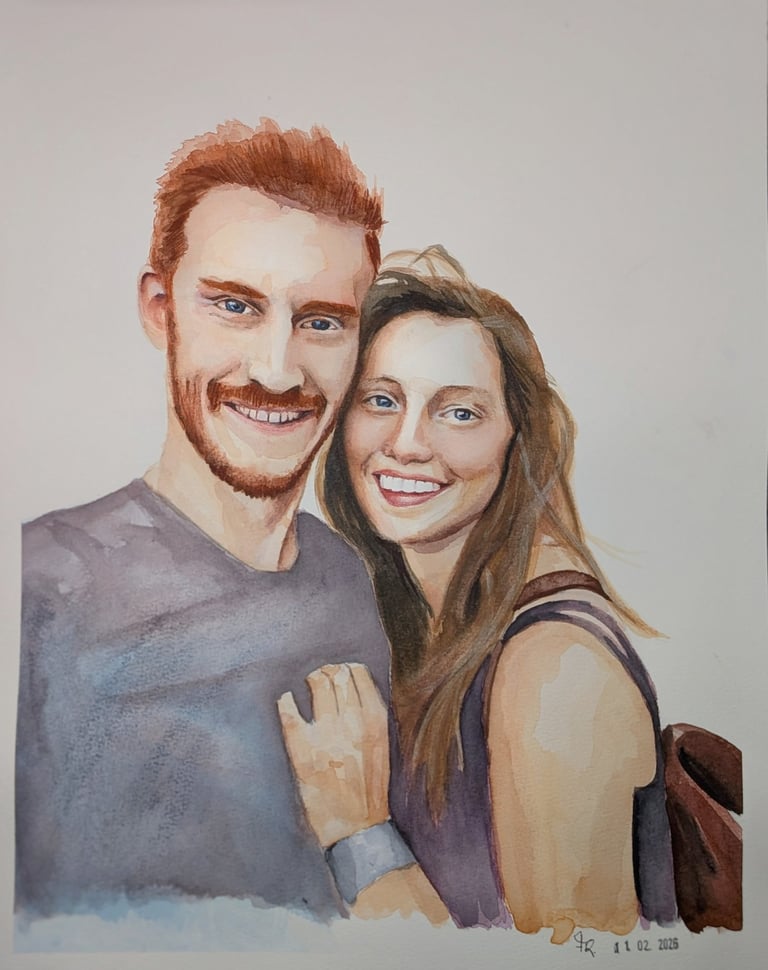 Young couple smiling in watercolor