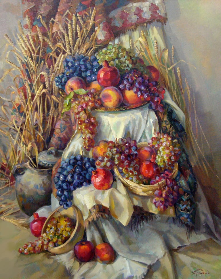 Traditional Armenian still life painting by Meruzhan Khachatryan featuring fruits, grapes, and harve