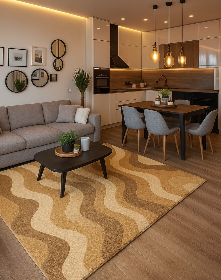 Luxury tufted carpet in a modern living room interior.