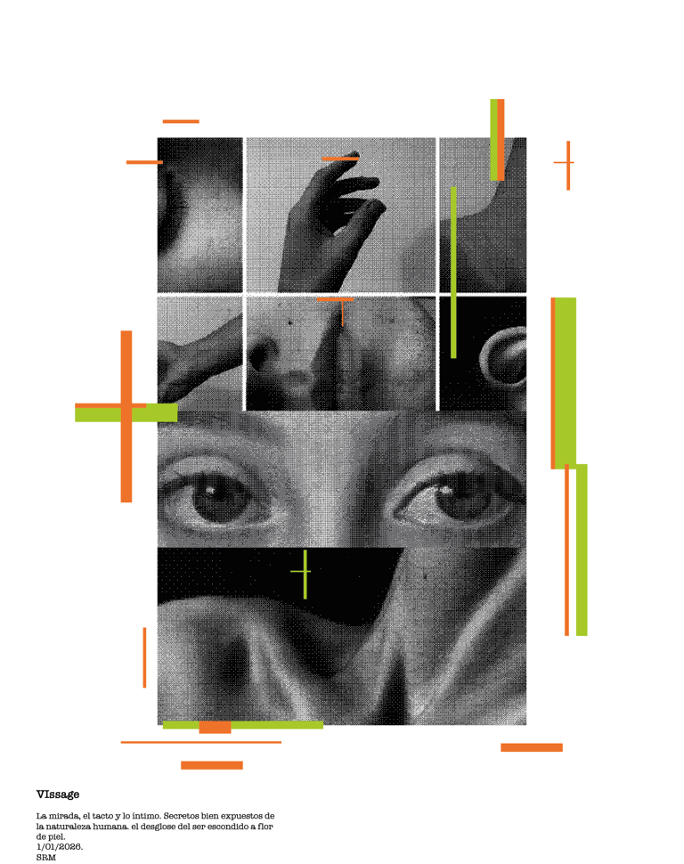Abstract halftoned graphic design featuring a collage of human eyes, hands, and glitch art patterns.