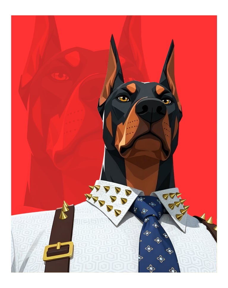 Stylized Doberman Pinscher illustration wearing a white shirt with a gold-spiked collar and a blue tie.