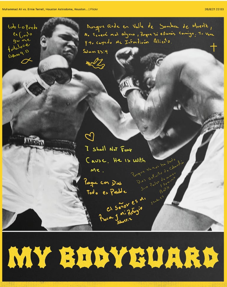 Black and white photo of Muhammad Ali boxing Ernie Terrell with handwritten religious quotes and My Bodyguard text.