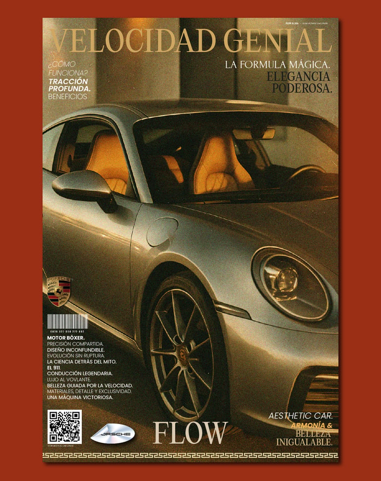 Vintage magazine cover featuring a sleek silver Porsche 911 luxury sports car with tan interior.