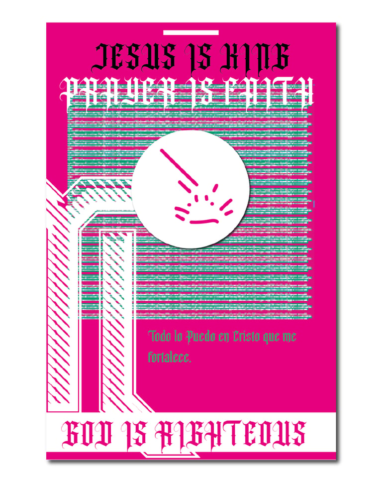 Hot pink Christian poster with gothic typography reading Jesus is King and God is Righteous.