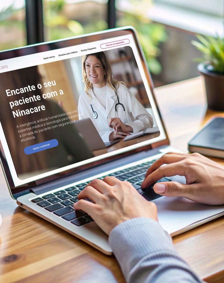 A imagem mostra um laptop com a tela inicial do site Ninacare