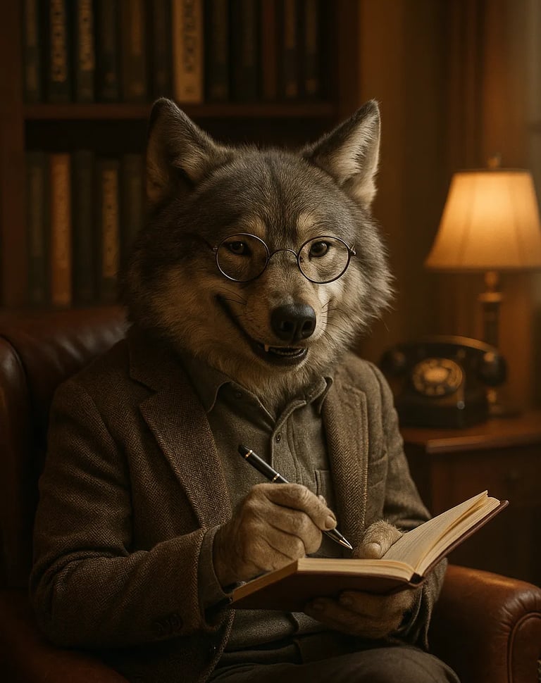 Artistic depiction of a wolf as a therapist, symbolizing a psychologist or psychiatrist supporting men’s inner strength and e