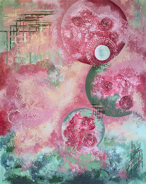 abstract painting in warm rose tones, muted greens, hints of gold and cream
