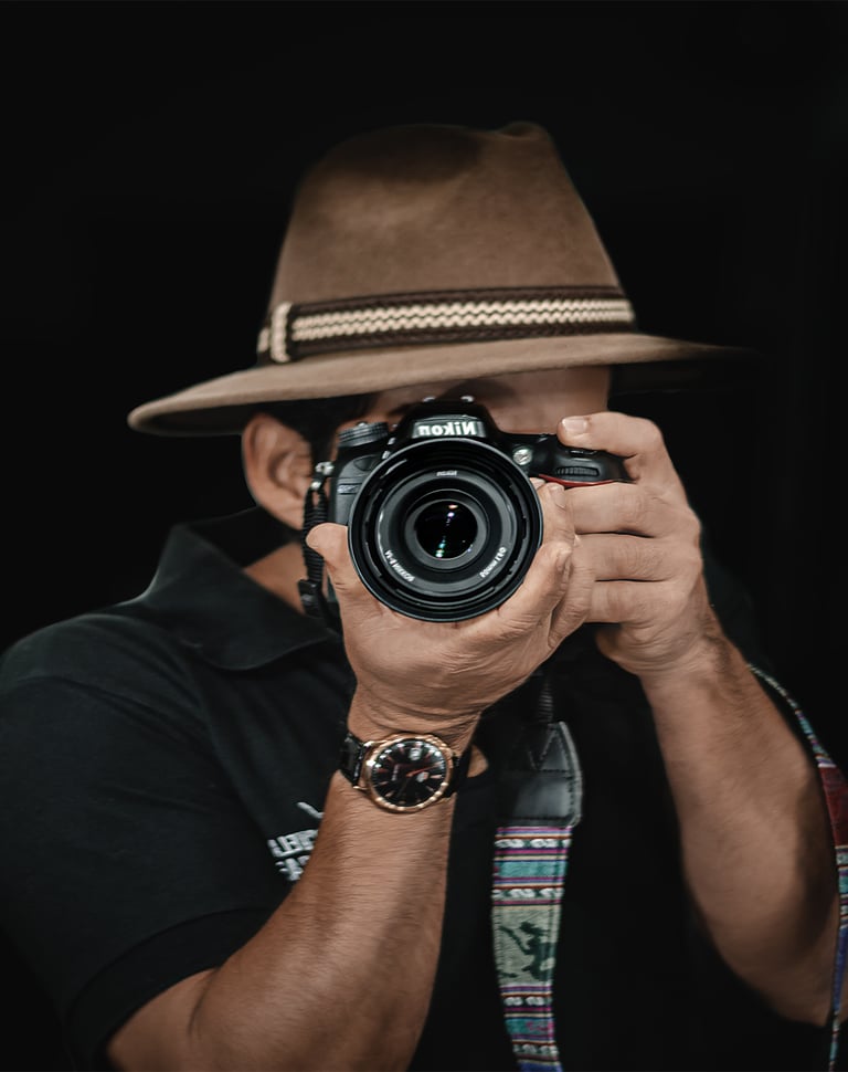 a man in a hat and a hat with a camera