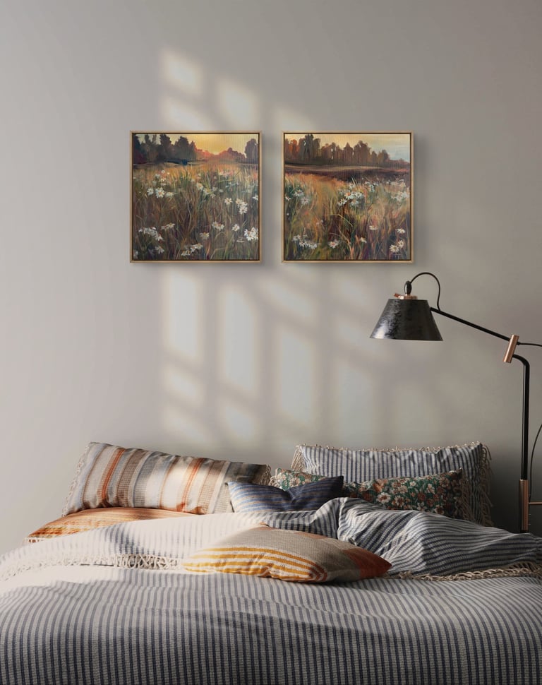 Angela Moiseieva original painting hanging above the bed in a bright, modern bedroom.