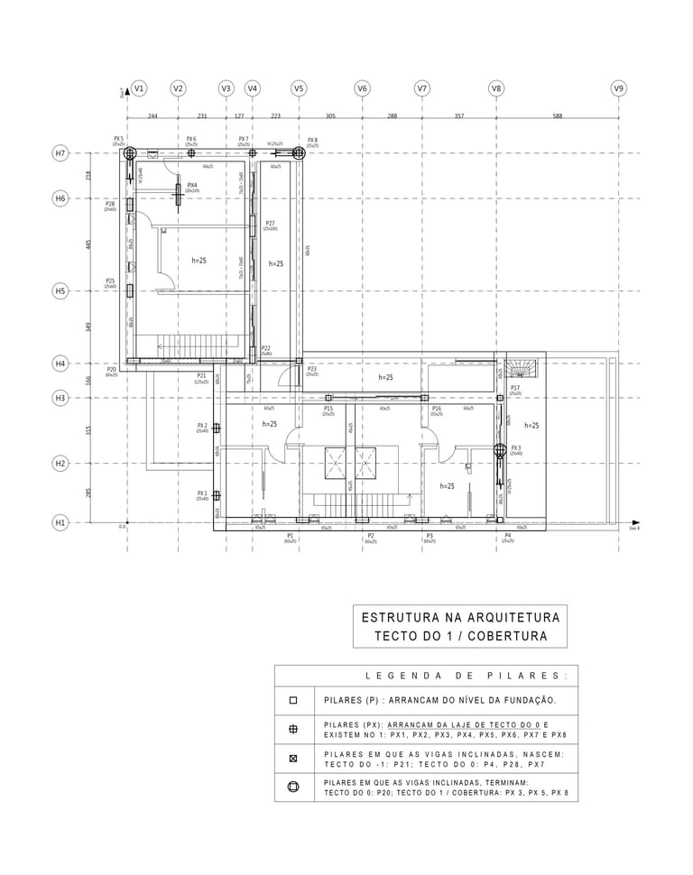 Moradia em Vila Alegre, concelho do Seixal. Projeto de Estruturas e Fundações. Tecto do Piso 1 e Cobertura.