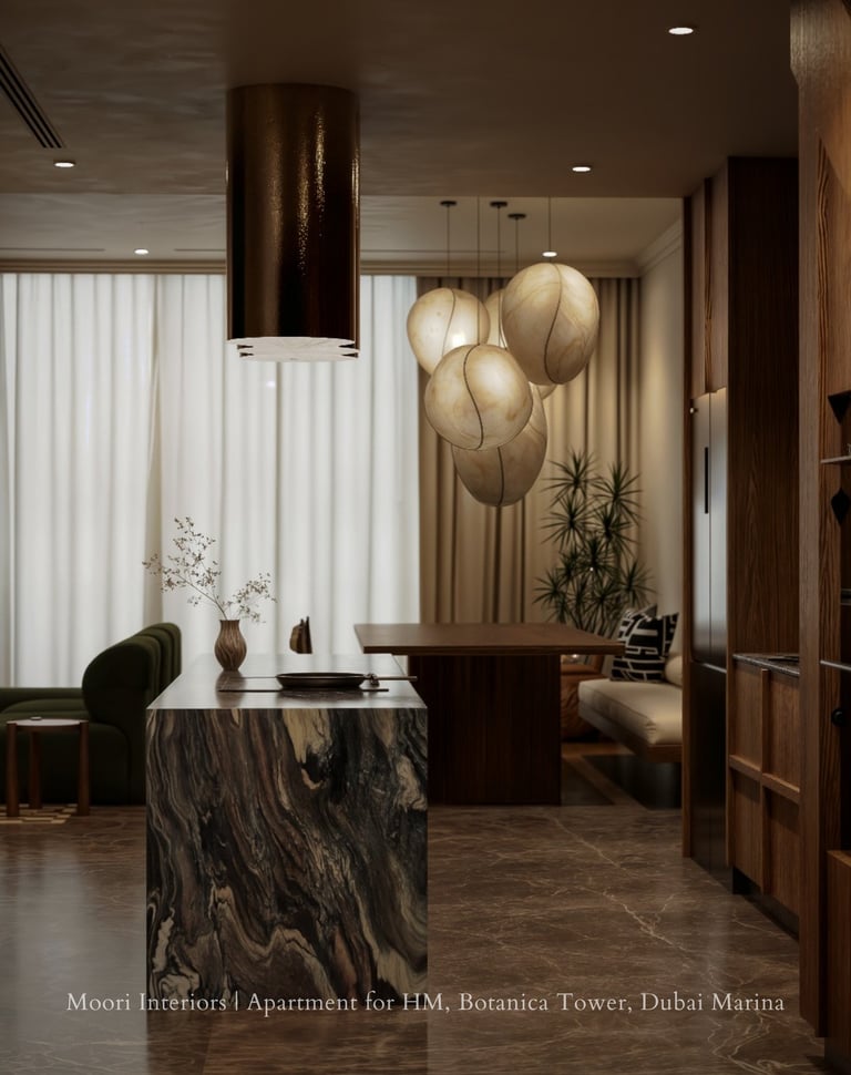 Dark stone flooring creating a sophisticated ambiance in a Dubai living area.