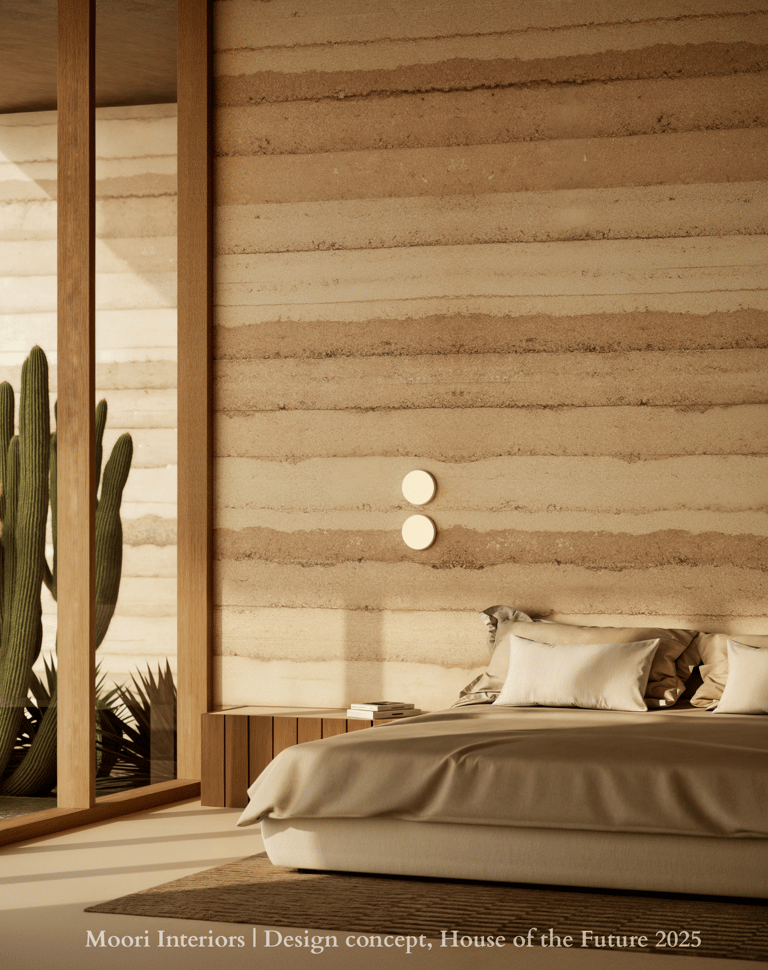 Modern bedroom with textured rammed earth wall and minimalist design