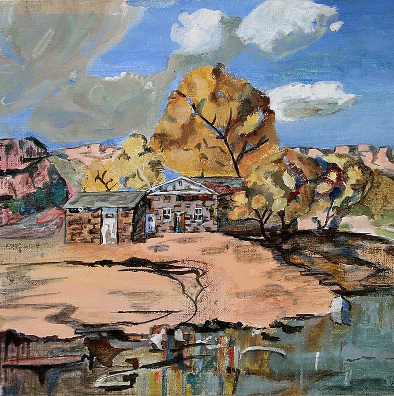 Acrylic semi-abstract painting of cottage in Oak Creek Canyon, AZ