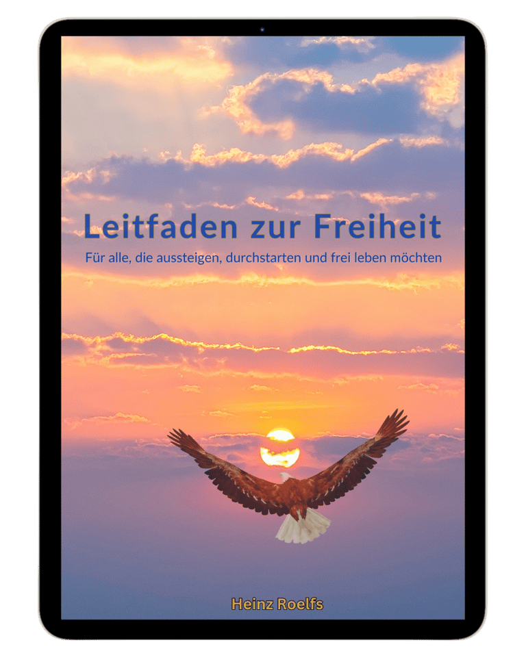 A tablet displaying an ebook titled Leitfaden zur Freiheit featuring an eagle soaring at sunset.