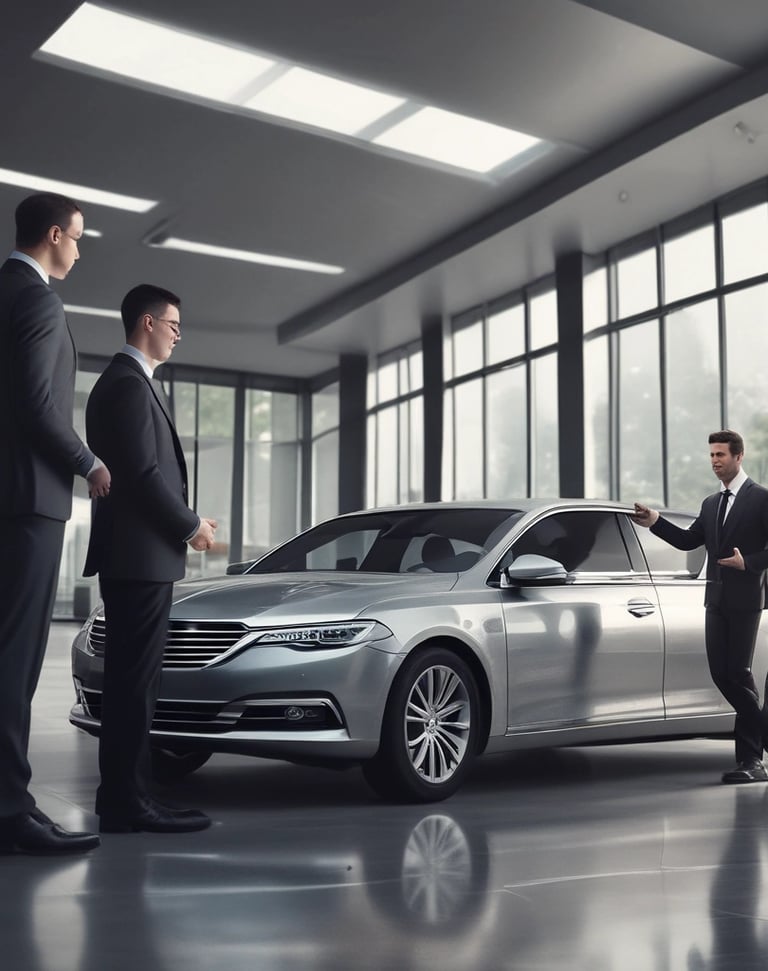 A luxury car with a sleek, metallic exterior and distinctive grille is displayed inside a modern showroom. The lighting highlights the vehicle's glossy finish and elegant design features.